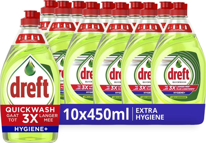 Dreft Quickwash Extra Hygiëne Vloeibaar Afwasmiddel - 10 x 450 ml