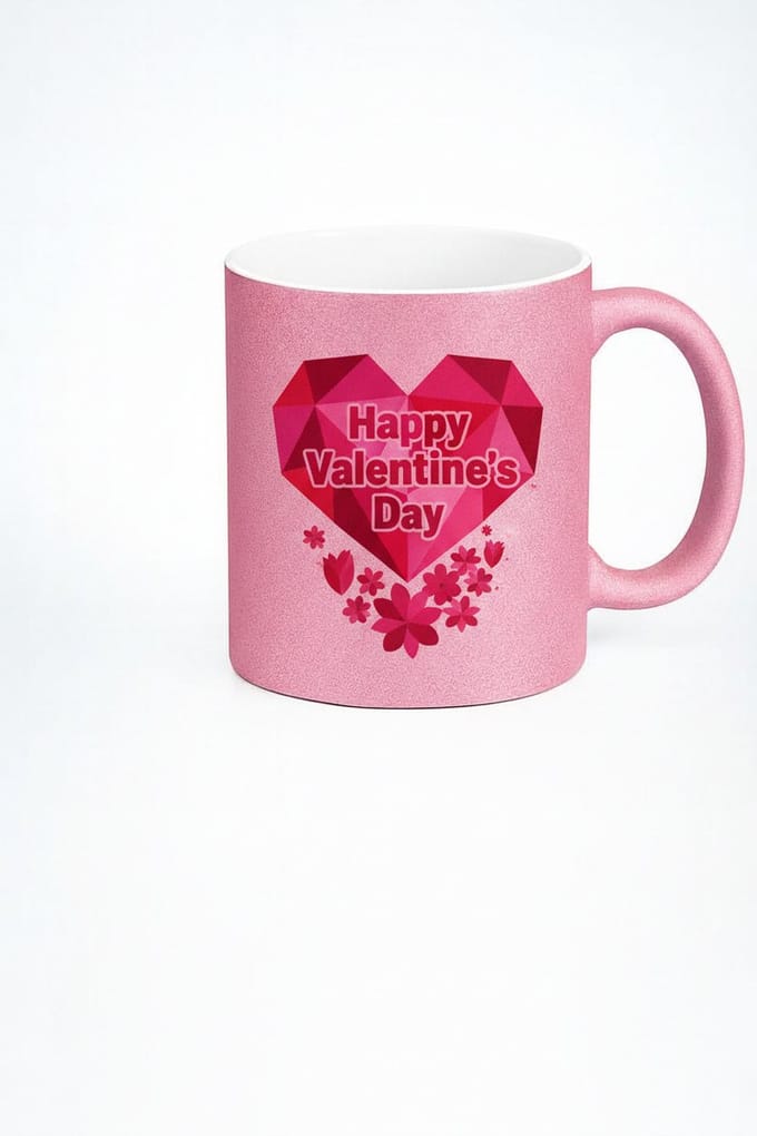 Roze Glitter Valentijnsdag Mok 'Happy Valentine's Day' met Geometrisch Hart