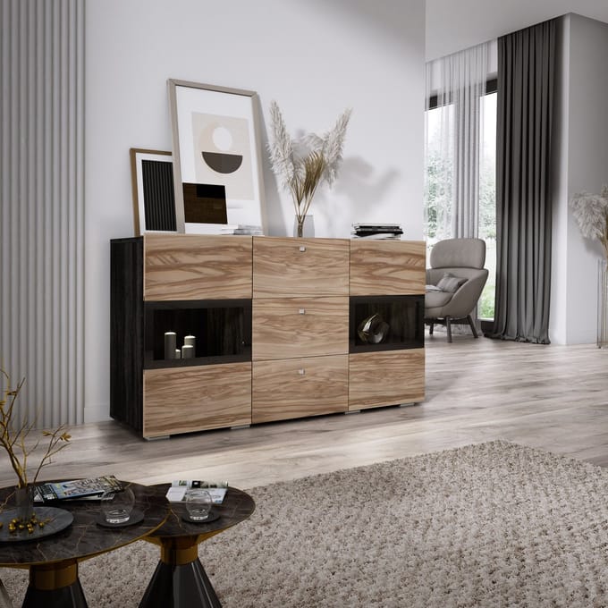 Meubel Square - Dressoir Belix - Walnoot / Donkergrijs - Commode met LED-verlichting