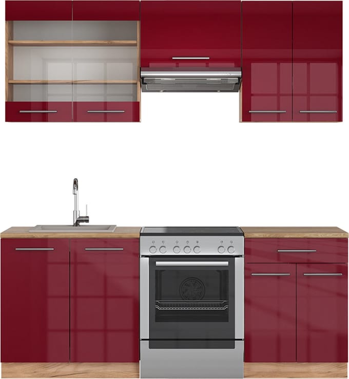Vicco Fame-Line Complete keukeneenheid – 200 cm, WB Eik Bordeaux hoogglans/gouden eik