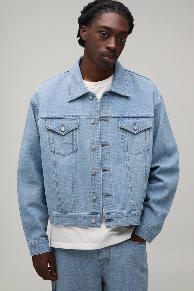 Herringbone Boxy Denim Co-Ord Jacket | Light Blue | Size XL