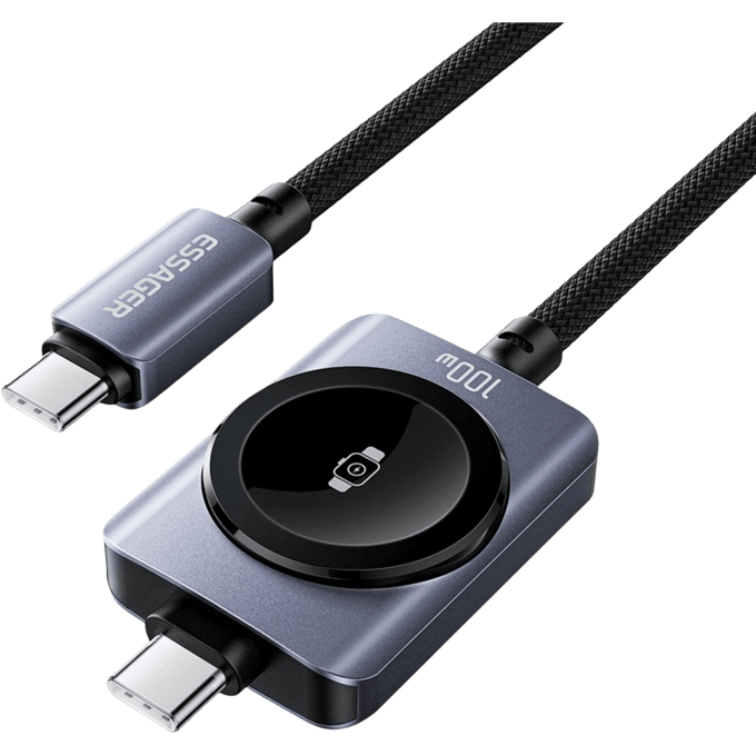 Essager 2-in-1 USB-C naar USB-C Kabel 100W Apple Watch Oplader Zwart