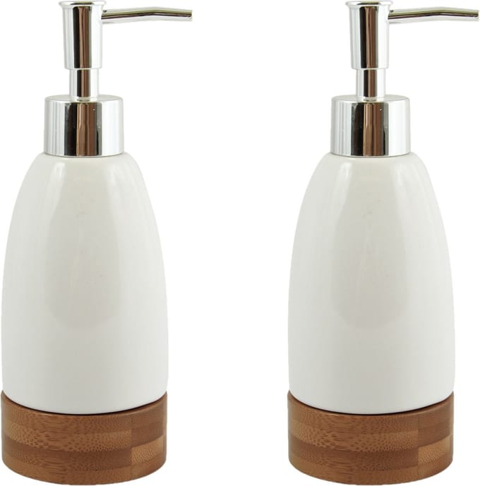MSV Zeeppompje/dispenser - 2x - keramiek/bamboe - wit/hout - 7 x 19 cm - 270 ml