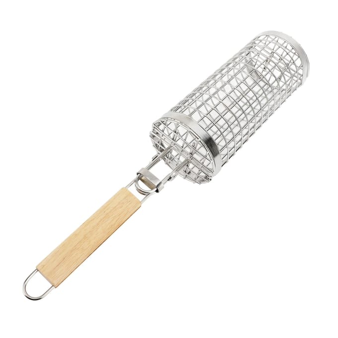 Rollende Grillmand Open Sluit Type RVS Mand Houten Handvat Rollend Grillnet voor white