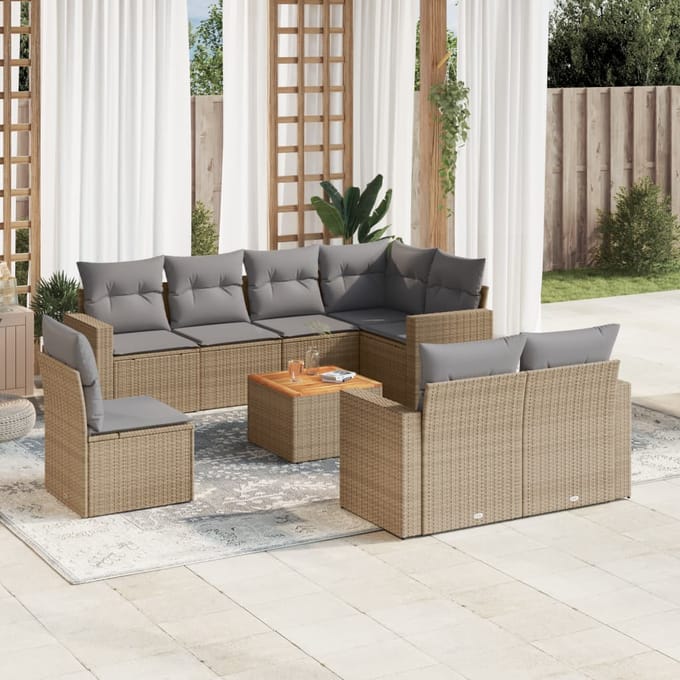 vidaXL - 9-delige - Loungeset - met - kussens - poly - rattan - beige