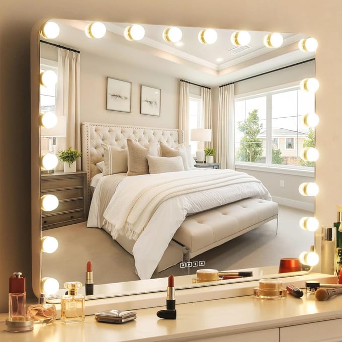 Make-up spiegel met verlichting en Bluetooth, 80 x 60 cm, Dimbare LED verlichting, 3 lichtkleuren, 10x loep