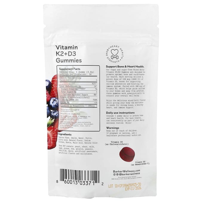 Barker Wellness Co., Vitamine K2 + D3 Gummies, Gemengde Bes, 30 Gummies