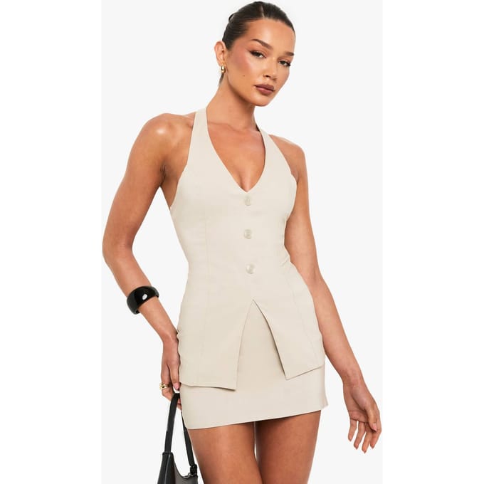 boohoo Dames Bengaline Gilet Met V-hals En Verlengde Pasvorm | Stone | Maat: 6