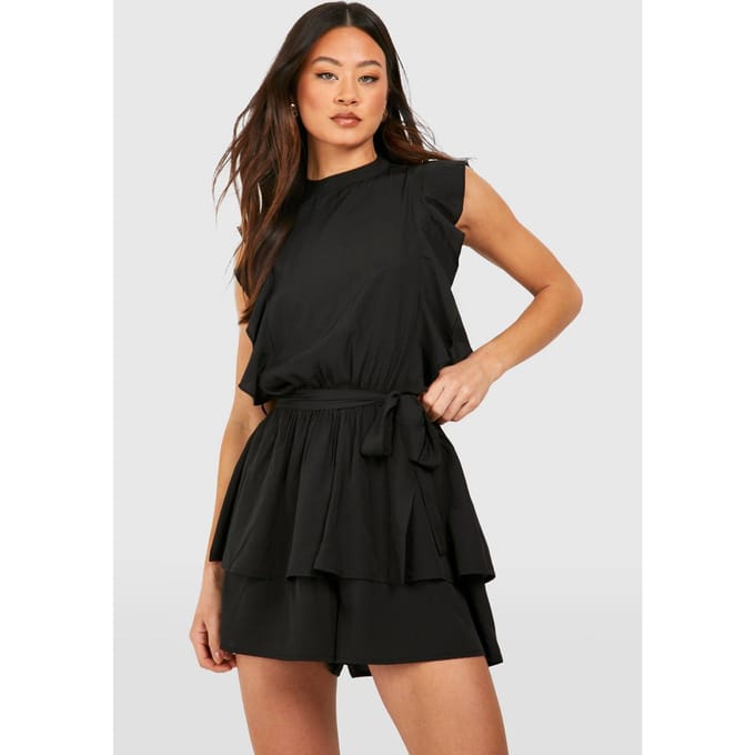 boohoo Dames Lange Geweven Ruffle Flippy Playsuit | Zwart | Maat: 40