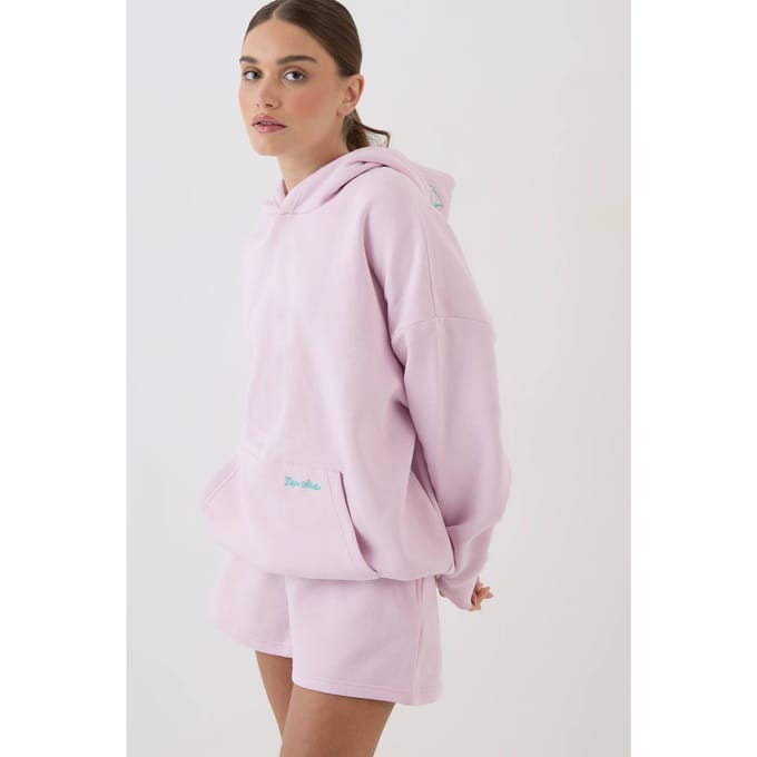 Dames Dsgn Studio Geborduurd Hoodie En Short Trainingspak Met Script | Light Pink | Maat: 3XL