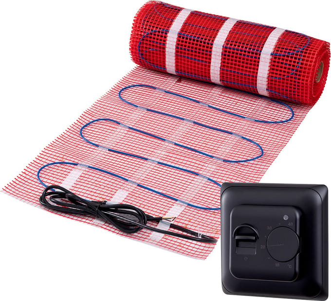 Complete elektrische vloerverwarming set, 150 watt incl analoge thermostaat, 5 m², Zwart