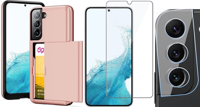 Hoesje met Pasjeshouder geschikt voor Samsung Galaxy S22 - Screenprotector GlassGuard & Camera Lens Screen Protector - Back Cover SlideCase Roségoud