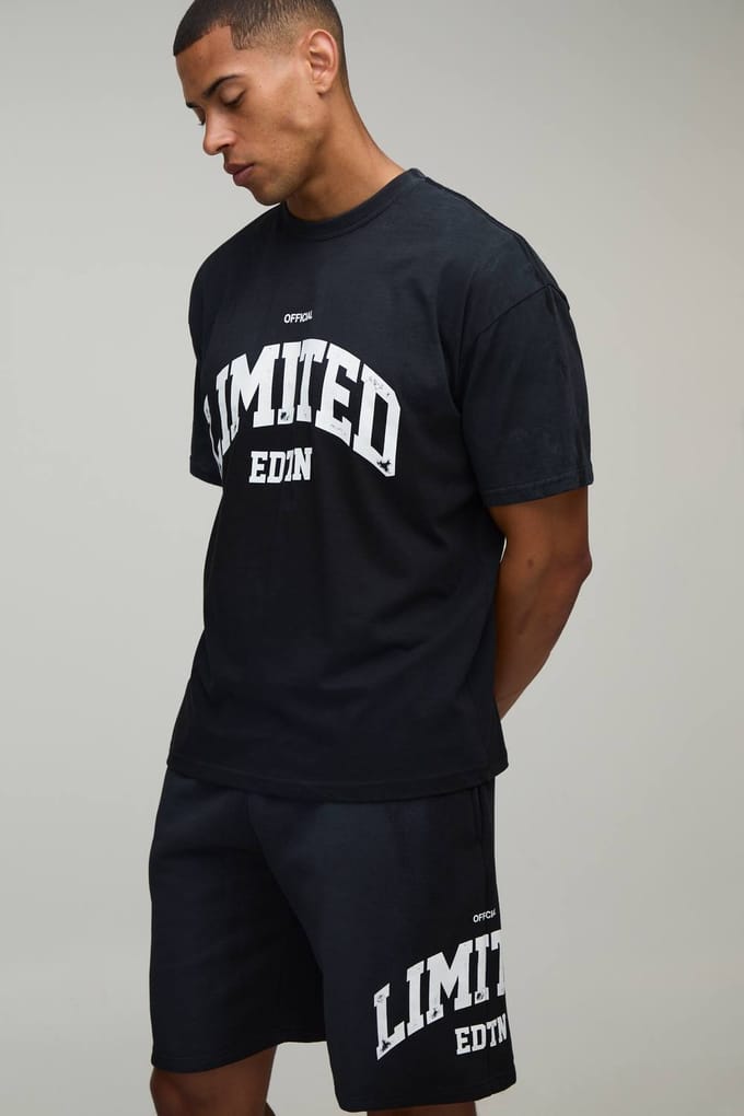 Oversized Spray Wash Limited Edition Bedrukte T-shirt & Short Set | Washed Black | Size Medium