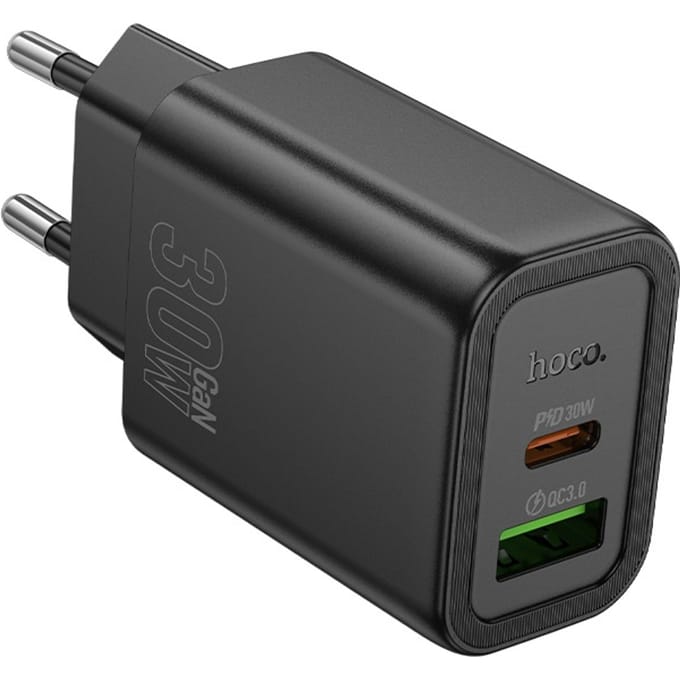 Hoco PD30W+QC3.0  dual port fastcharger USB-A USB-C - Zwart