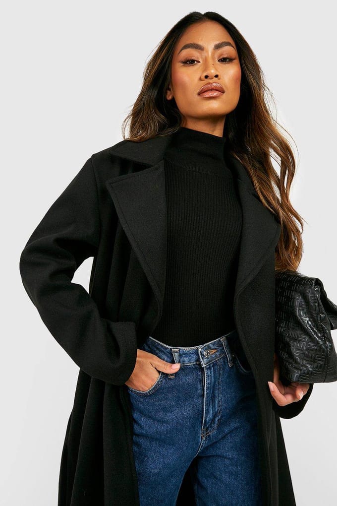 boohoo Dames Oversized Maxi Wol-Look Jas | Zwart | Maat: 42