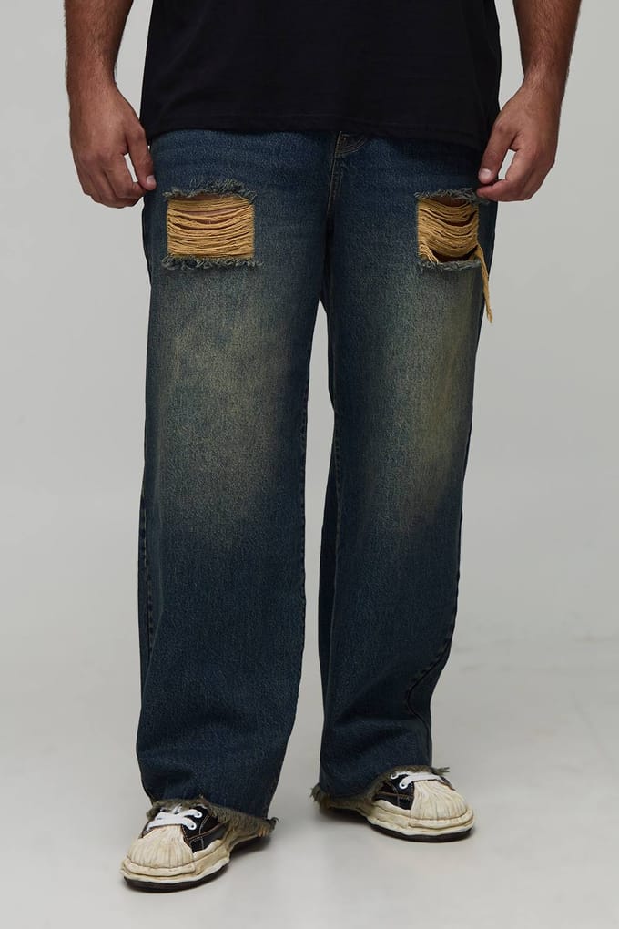 Plus gescheurde ruwe zoom stonewash jeans met losse pasvorm | Size 44