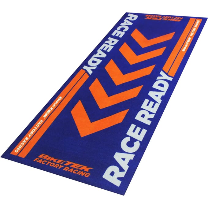 Milieumat Biketek Garage Mat Race Ready blauw oranje voor motor paddock
