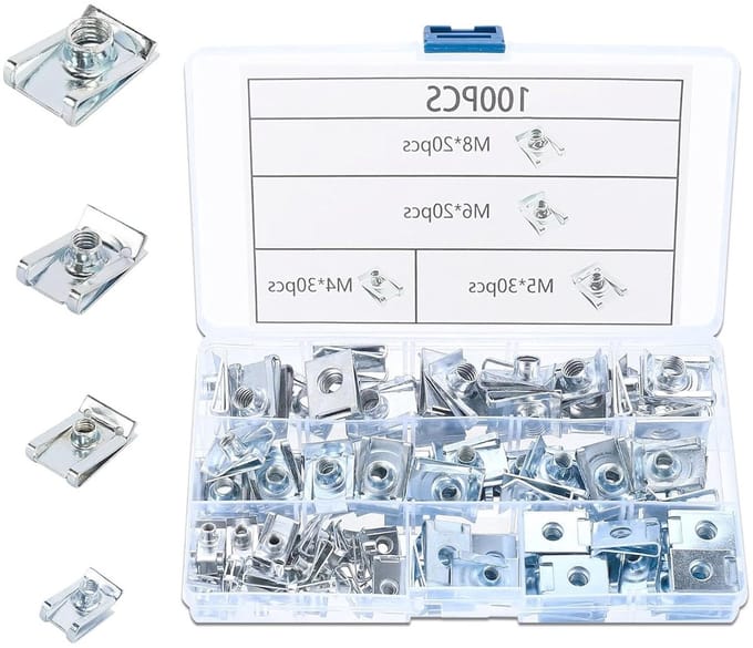 Complete Set van 100 U Type Draadmoeren met Opbergdoos voor Auto Bevestigingsschroeven en Moeren (M4, M5, M6, M8)