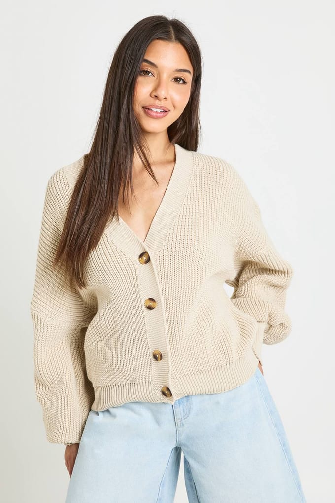boohoo Dames Geribd Vest Met Ballonmouwen En Knoopsluiting | Steen | Maat: Large