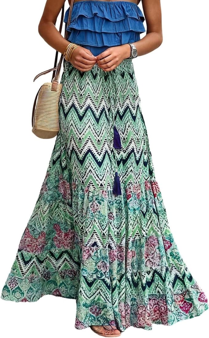 Zomer maxi rok voor dames, boho A-lijn, hoge taille, elastisch, geprint, strandmode, casual chic outfit