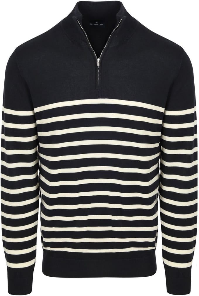 Steppin' Out Half-Zip Trui Breton Stripe Navy - Maat M - Heren - Quarter zip