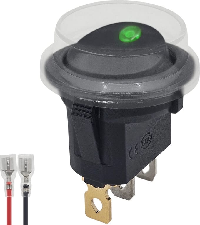 ProRide Wipschakelaar ON-OFF KCD2-12 - met Beschermkapje en Aansluitkabel - 3 pins - Rond - 12V/20A - LED indicator Groen