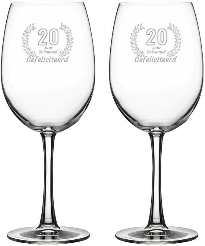 Gegraveerde set rode wijnglazen 58cl Gefeliciteerd 20 jaar getrouwd