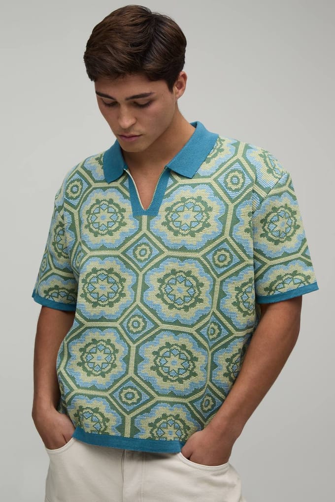 Oversized Boxy Crochet Cotton Blend Knitted Polo T-Shirt | Green | Size Small