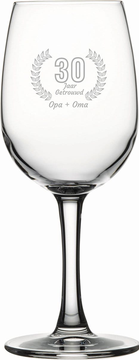 Gegraveerde witte wijnglas 26cl Opa + Oma 30 jaar getrouwd