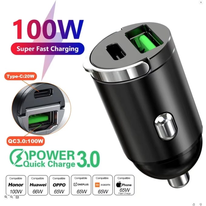 200W Compacte Autolader USB Snel Laadadapter Dubbele Poort Mini Telefoonlader 100W PD+QC