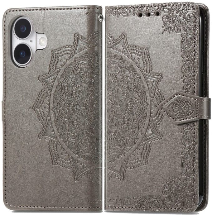 YPCd Bookcase geschikt voor Apple iPhone 16 - Bloemen Design - Portemonnee / Wallet Hoesje - Grijs