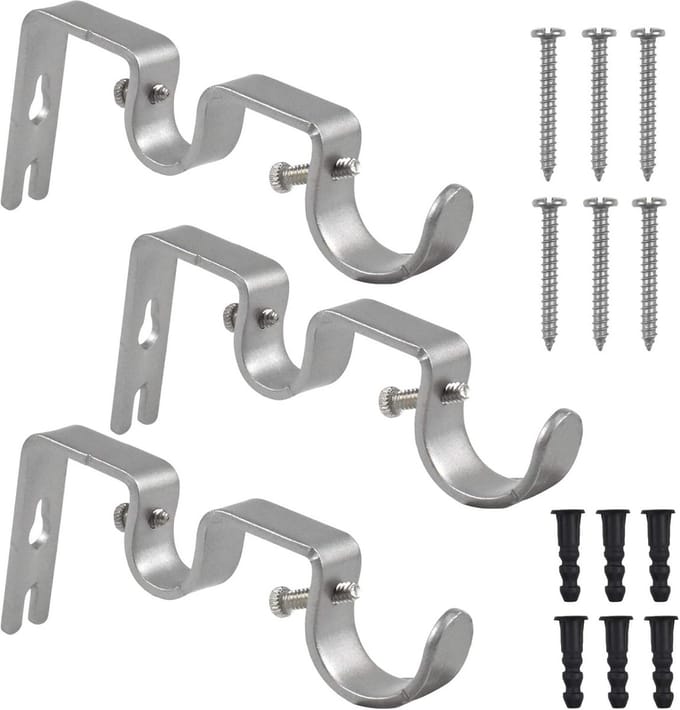 Set of 3 Adjustable Metal Curtain Rod Holders with Screws and Drills (Silver) - ShopVlot