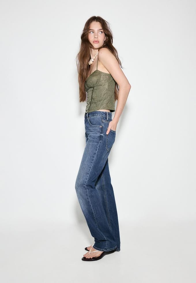 Stradivarius D98 jeans recht model met vintage effect  MIDDENBLAUWE DENIM WASSING 36