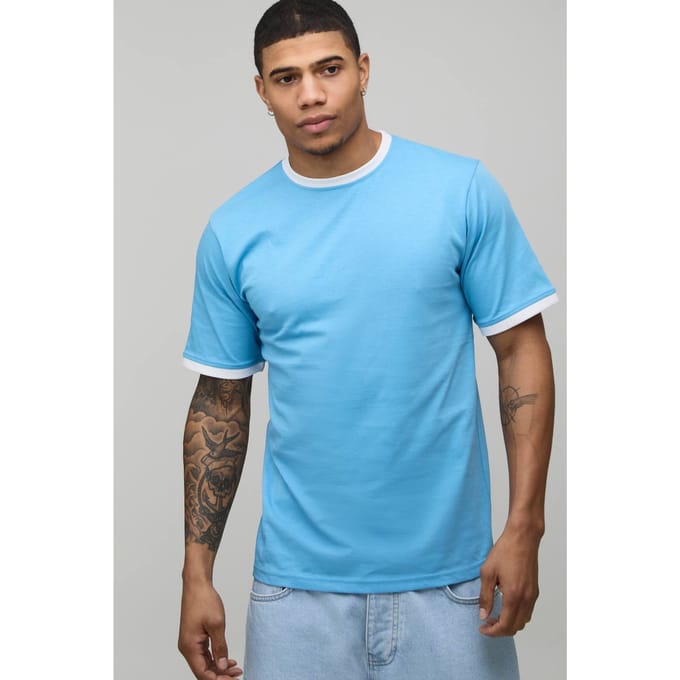 Regular Fit Ringer T-shirt Met Ronde Hals | Blue | Size Medium