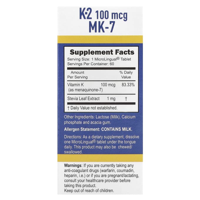 Vitamine K-2, 100 Mcg, Microlingual® Instant Oplosbare Tabletten, 60 Tabletten