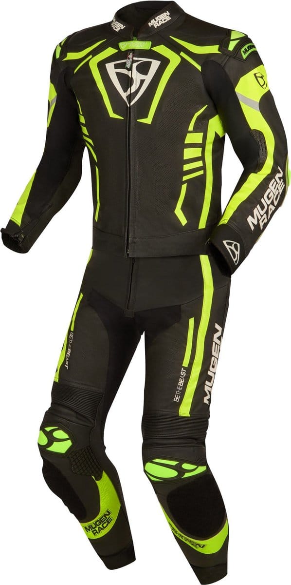 MUGENRACE Predator Zwart Wit Neon Geel Geperforeerd 2-Delig Motorpak - Racepak