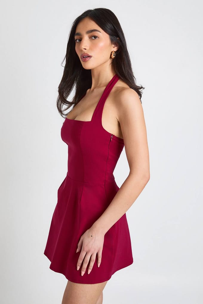 boohoo Dames Vierkante Halter Mini Jurk | Kersen | Maat: 40