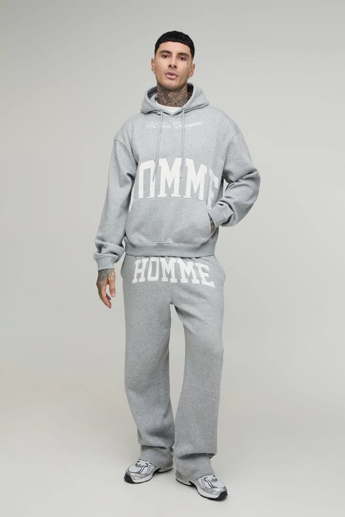 Lang Oversized Boxy Homme Bedrukte Hoodie & Rechte Pijp Trainingspak | Grey Marl | Size Medium