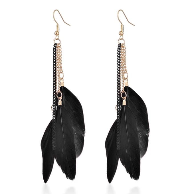 Deja Dames Oorbellen Ketting en 3 Veertjes - Zwart