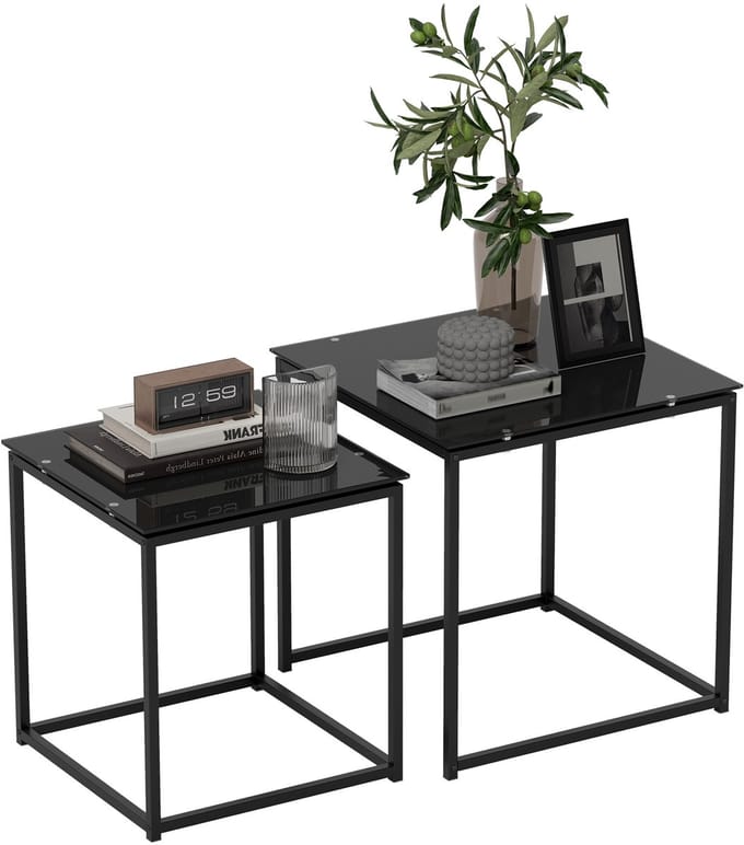 HOMCOM bijzettafel set nestbaar gehard glas - Set van 2 - Salontafels - Zwart