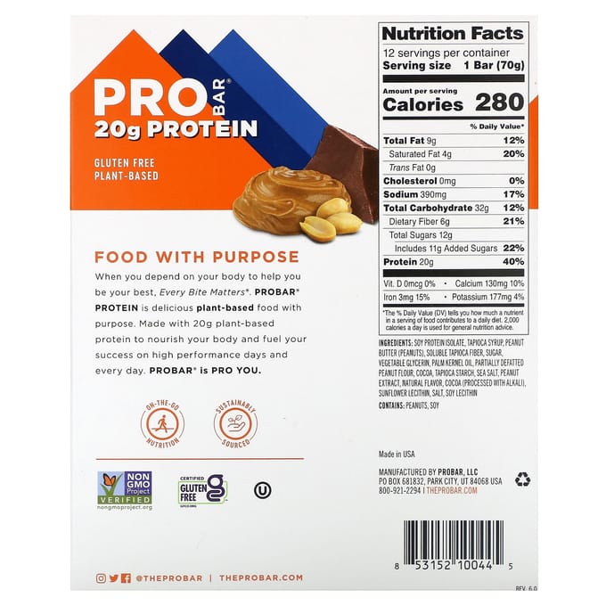 ProBar, Eiwitreep, Pinda Boter Chocolade, 12 verpakkingen, 70 g (2,47 oz) elk