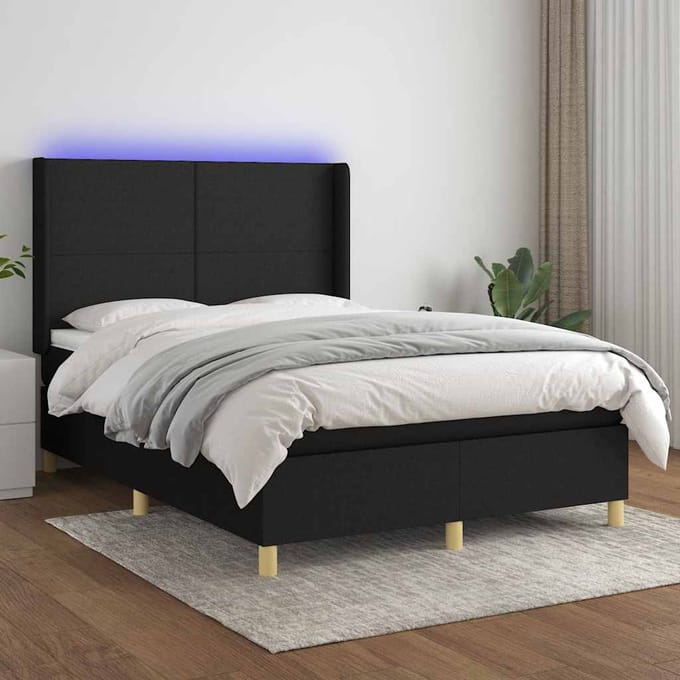 vidaXL - Boxspring - met - matras - en - LED - stof - zwart - 140x190 - cm