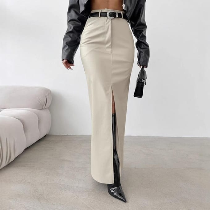 Dames Leer Design Split Effen Kleur Hoge Taille Simpele Leer Slanke Rok S wit