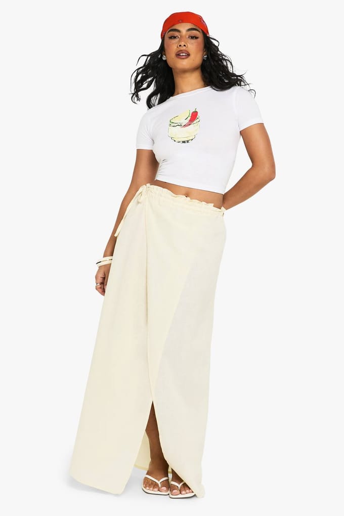 boohoo Dames Linnenlook Tie Waist Wrap Maxi Rok | Stone | Maat: 6