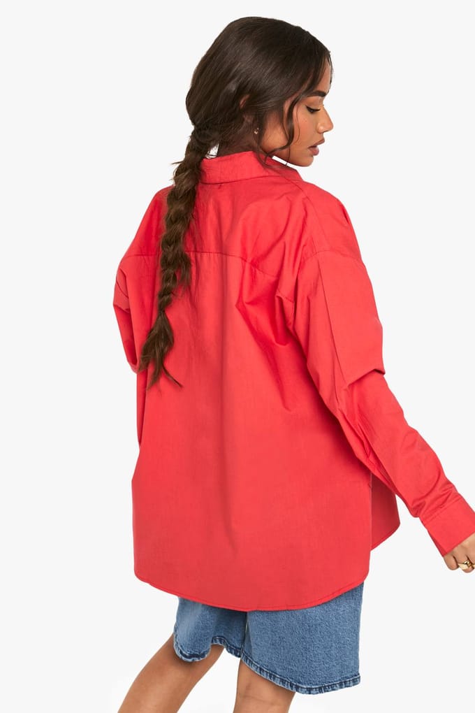 boohoo Dames Cotton Poplin Oversized Shirt | Red | Maat: 6