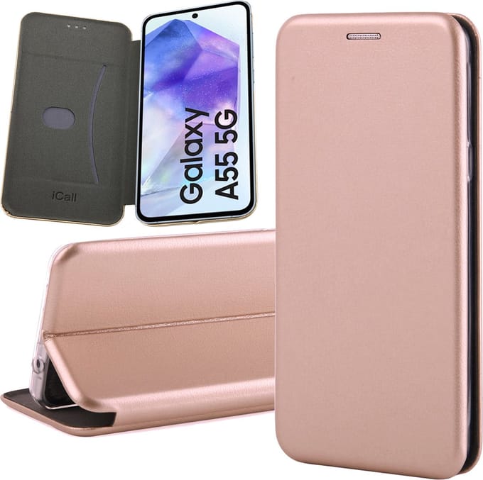Hoesje geschikt voor Samsung Galaxy A55 - Screenprotector Glas - Wallet Book Case Rosegoud