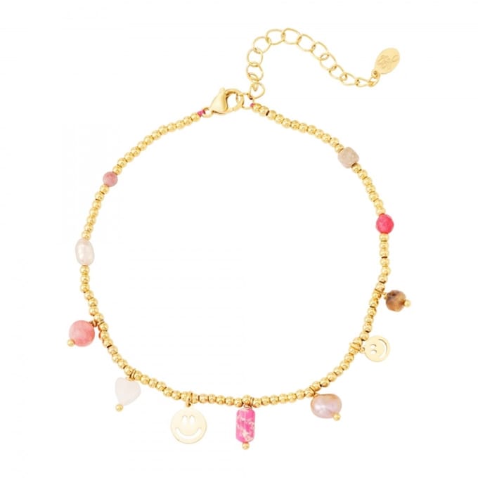 Enkelbandje - RVS - Goudkleurig - Charms - Roze