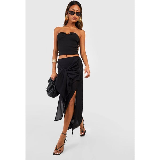 boohoo Dames Textured Cheesecloth Knot Front Maxi Skirt | Zwart | Maat: 34