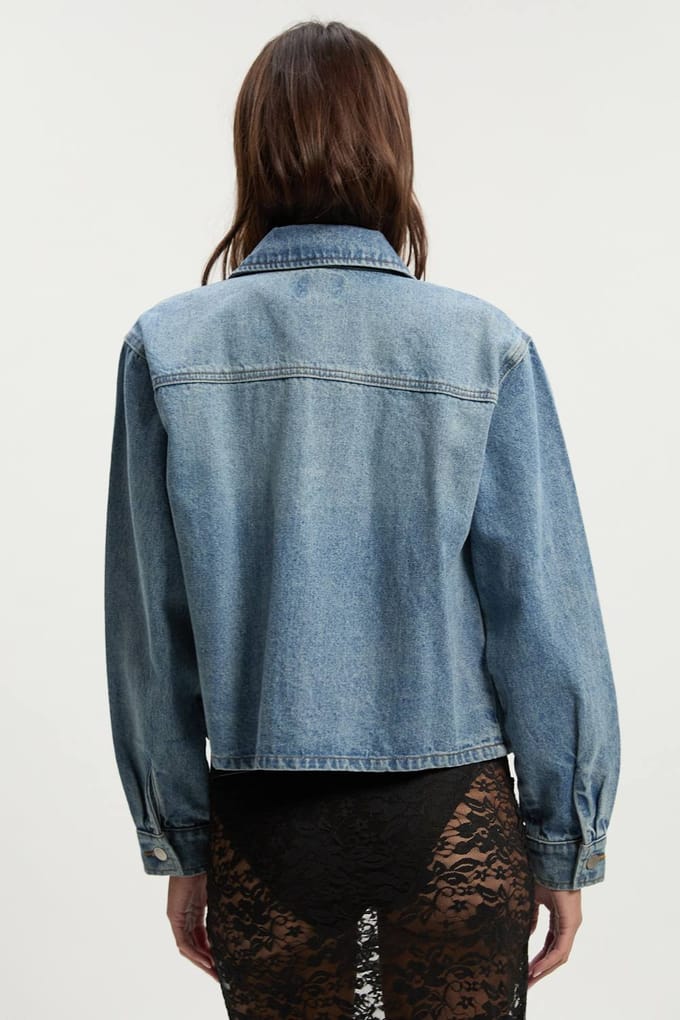 boohoo Dames Denimjasje met kraag | Mid Blue | Maat: 16