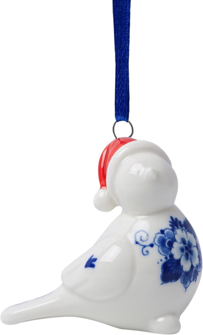 Kerstornament Vogel met kerstmuts - Links - Keramiek - 6 cm